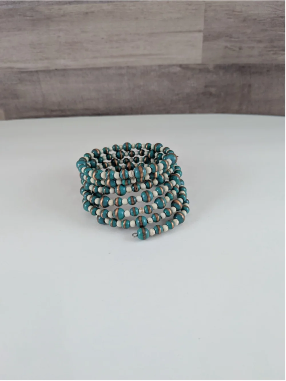 Women's Teal & Cream Beaded Coil Bracelet One Size